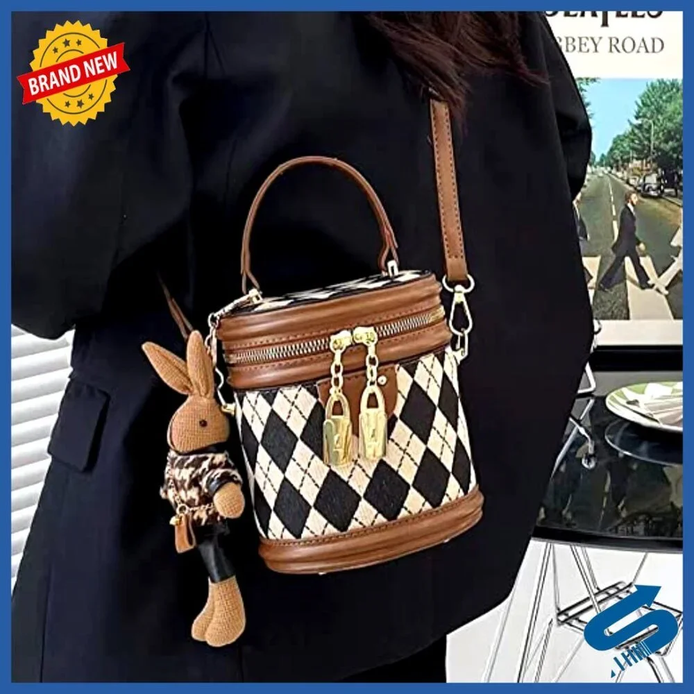 Small Quilted Faux Leather Satchel Crossbody Bag with Bunny Pendant